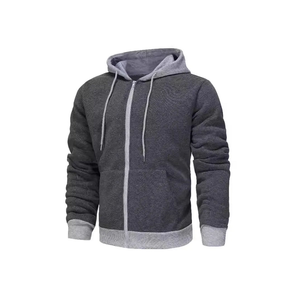 Men's black wool-lined zipper cardigan hoodie with hood and size patch pocket on light gray background