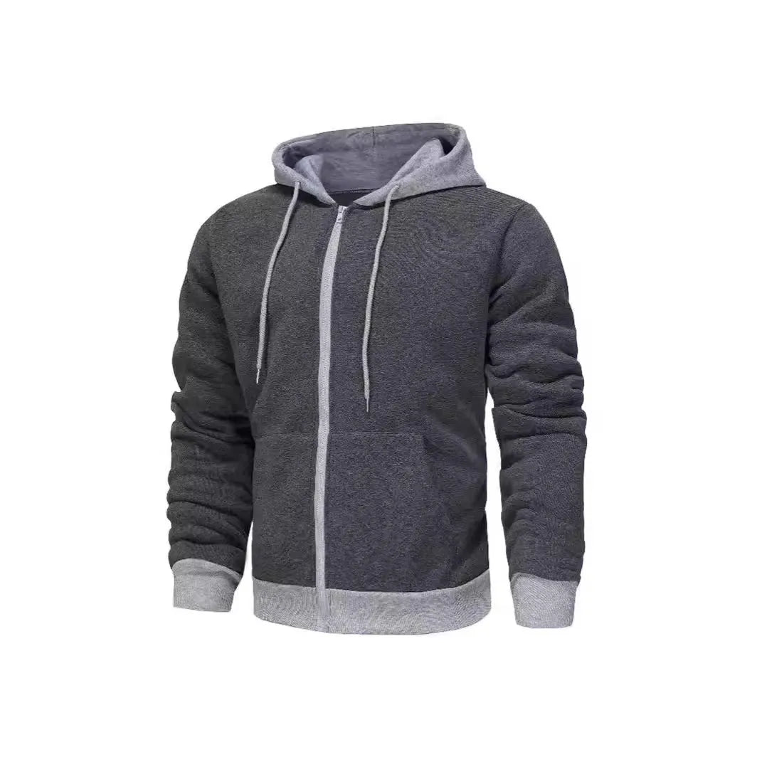 Men's black wool-lined zipper cardigan hoodie with hood and size patch pocket on light gray background