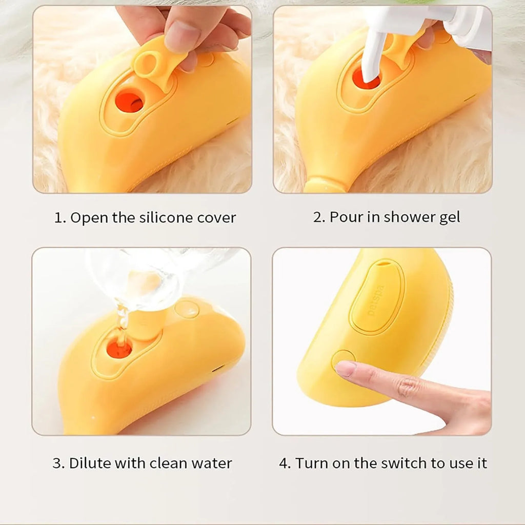 Green and yellow rechargeable steam cat brush with silicone paw-shaped bristles on a white background.