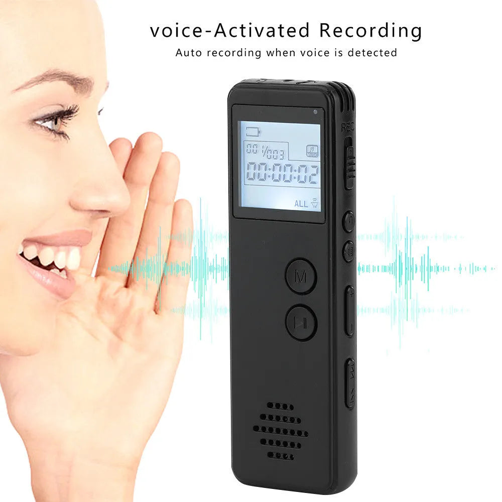 Black long distance MP3 digital voice recorder showing front display and buttons.