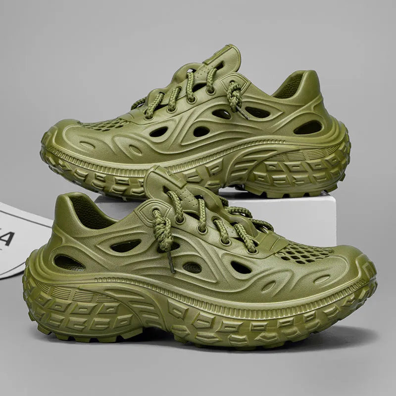Men's thick-soled non-slip EVA sandals with covered heel and hollow-out upper in army green colour