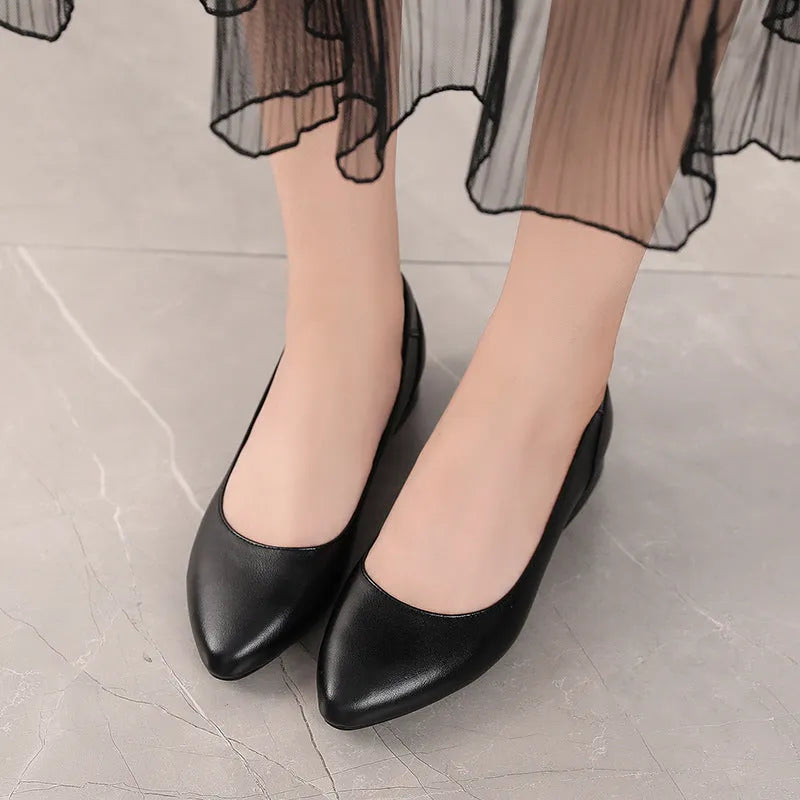 Autumn cowhide flat pointed low-cut shoes for women in beige with low heel and buckle closure