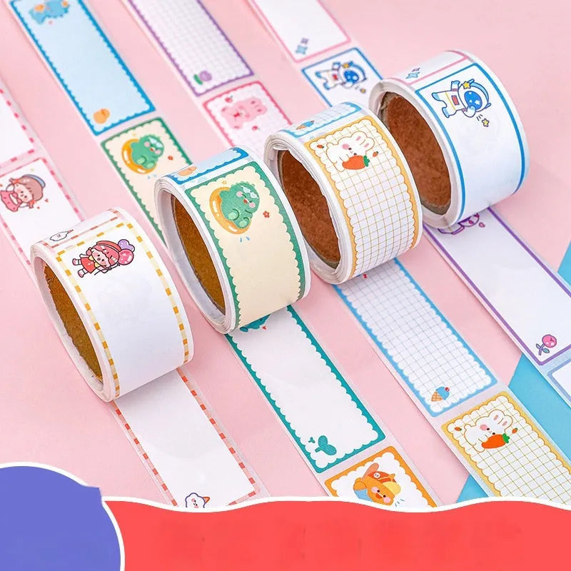 Roll of cartoon message index stickers showing dinosaur, astronaut, rabbit, and girl designs for student organisation