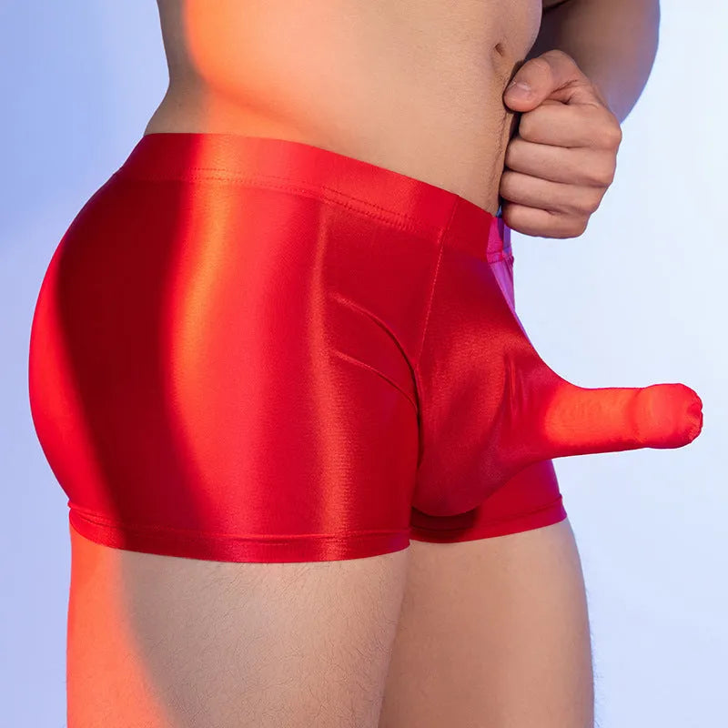 Men's red elephant nose boxer shorts with seamless construction and mid waist design