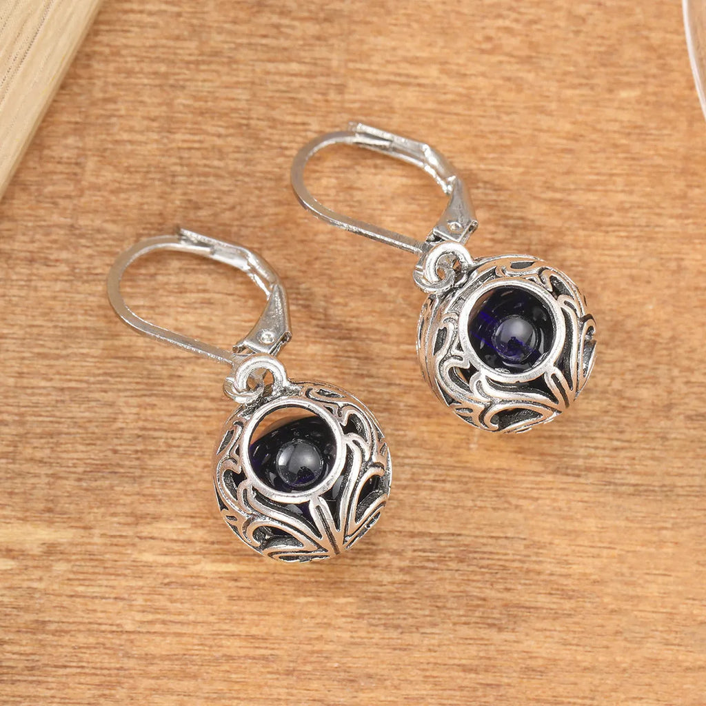 Vintage engraving hollow blue gemstone pendant earrings in silver-tone zinc alloy for women