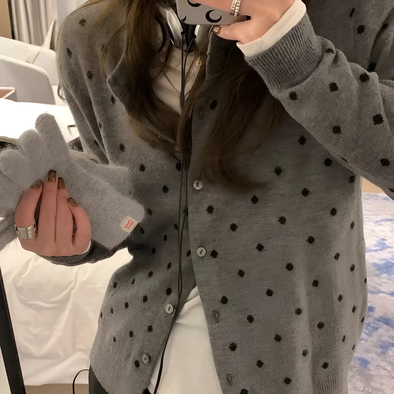 Women's grey knitted cardigan with crochet flower details, loose fit, long sleeves
