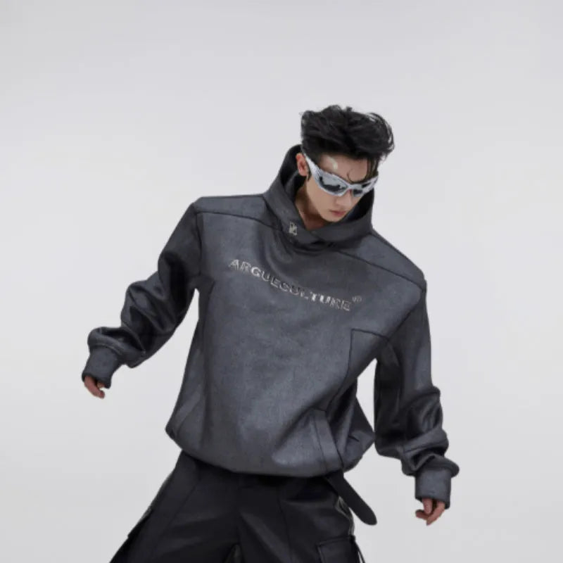 Men's loose hooded sweater with heavy shoulder pads and metal printing details in red colour
