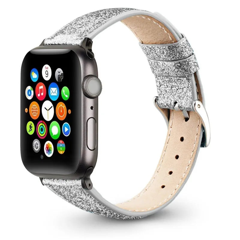 Leather glitter watch strap compatible with Apple Watch in flashing black, 38/40mm size
