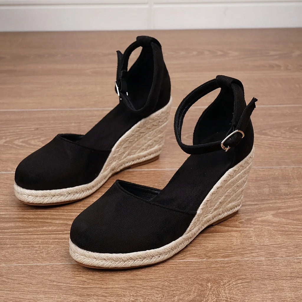 Women's versatile casual canvas wedge sandals in Roman style with buckle closure, suede upper, round toe, in apricot colour