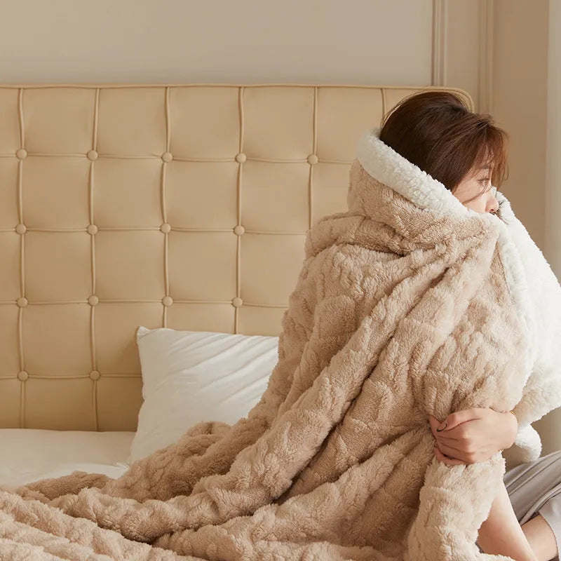 Polyester thermal flannel casual blanket in beige, shown folded, for winter bed or sofa use.