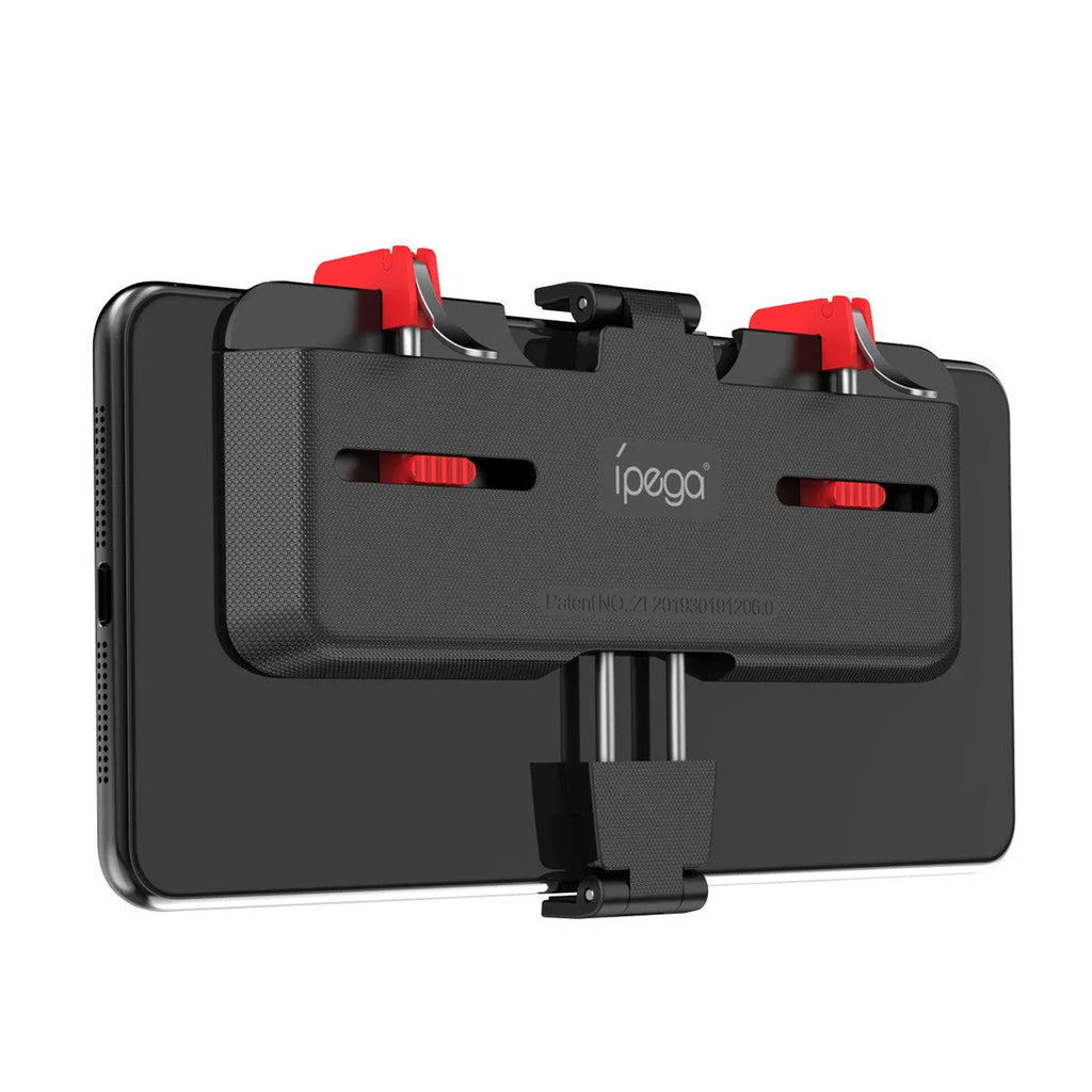 Black phone gaming trigger bracket stand with a metal handle and adjustable trigger for mobile shooting games.