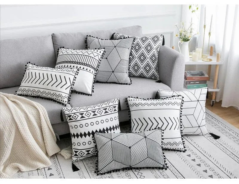 Bohemian national throw pillow pillowcase in light gray with pattern for living room sofa decor