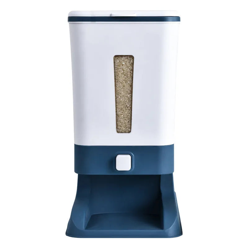 Automatic kitchen plastic rice bucket with metering lid, 5L to 6L capacity, in black and blue colour options