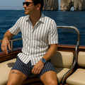 Men's blue beach shirt and shorts set with four-sided elastic fabric for casual summer wear