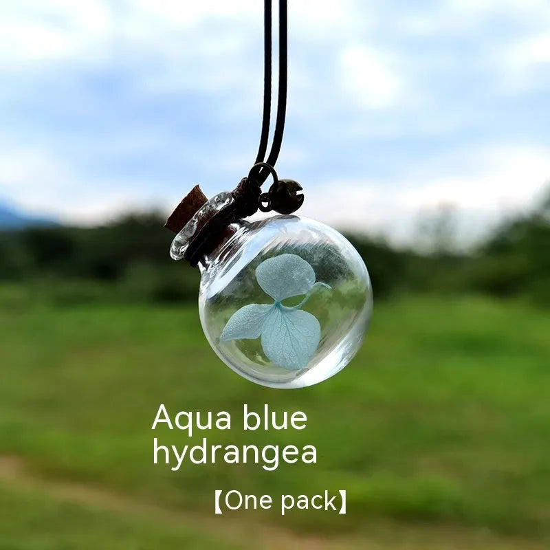 Glass fire extinguisher shaped pendant with preserved hydrangea flowers for car interior decoration