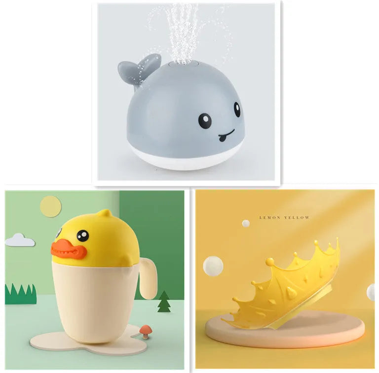 White and blue electric whale bath toy spraying water with lights on a base.