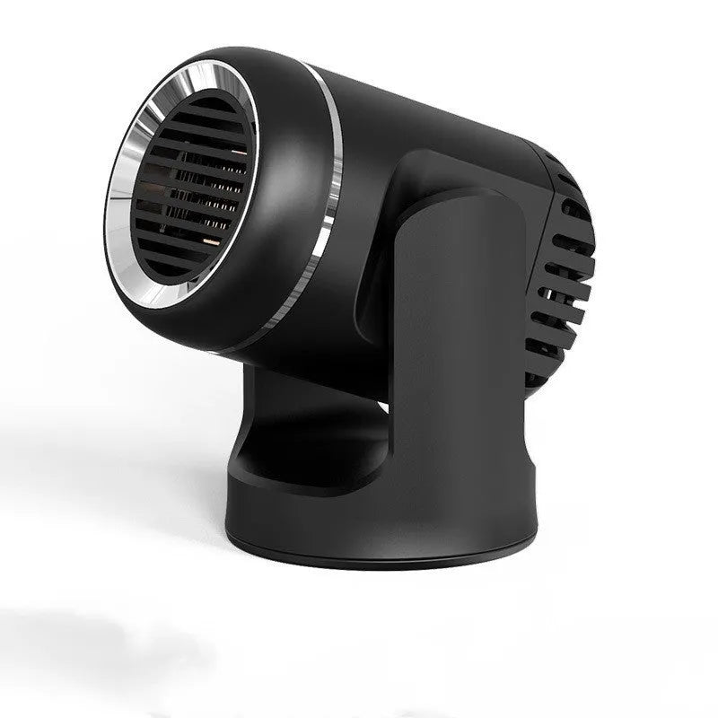 Compact 12V car heater defrost fan in black and white ABS plastic with heat switch and 1.5m power cord