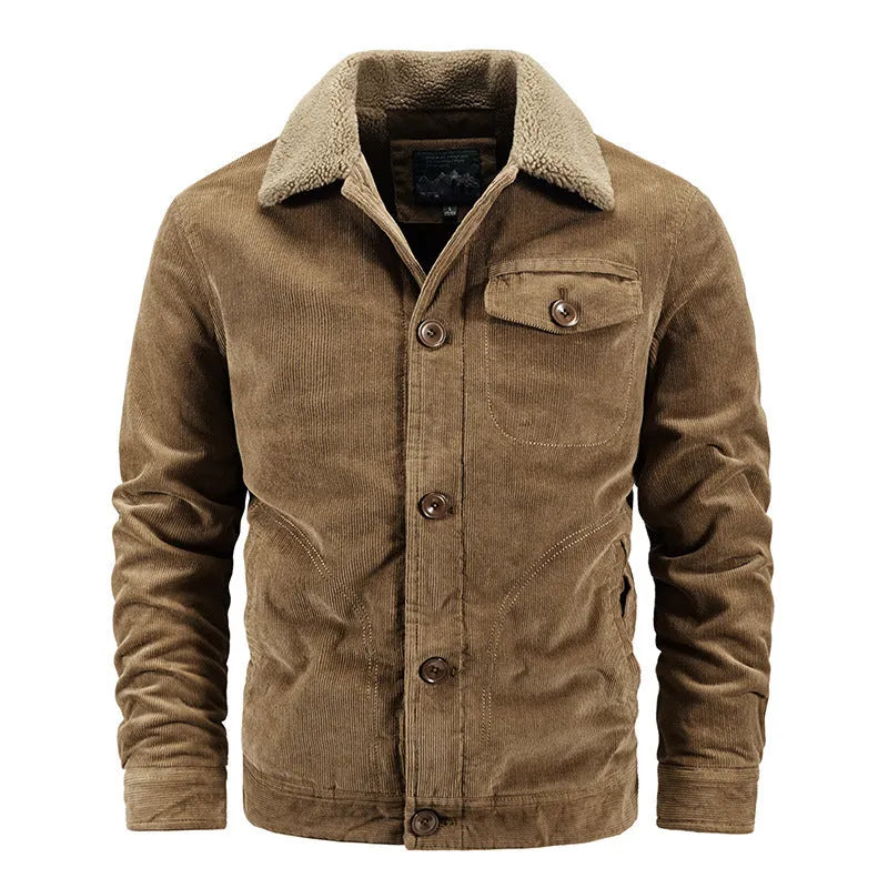 Men's cotton corduroy cardigan coat in army green with velvet lining, loose single-breasted fit, side view
