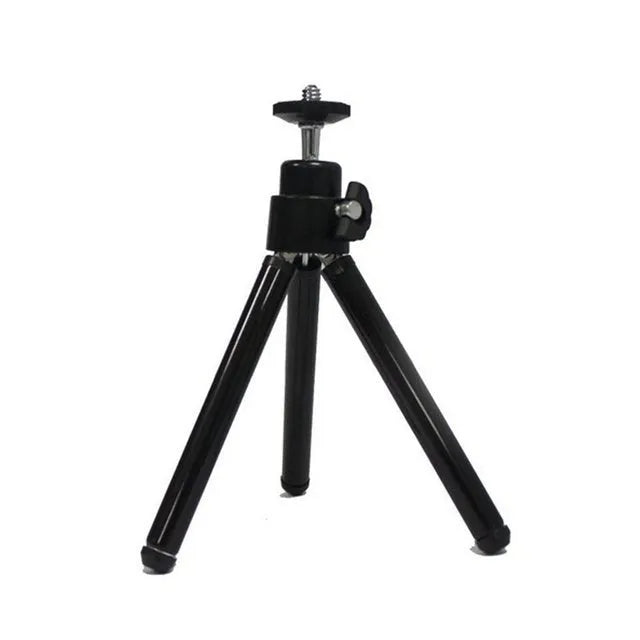 Black universal mini flexible tripod stand with extendable legs and phone clip for cameras and smartphones