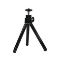 Black universal mini flexible tripod stand with extendable legs and phone clip for cameras and smartphones