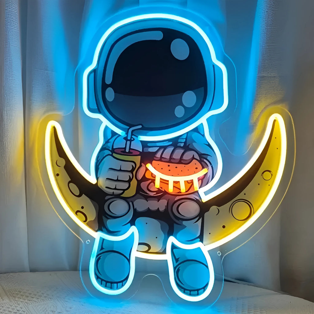 Astronaut wall mounted LED neon light in blue lemon yellow with USB power cord, 30x35cm plastic construction