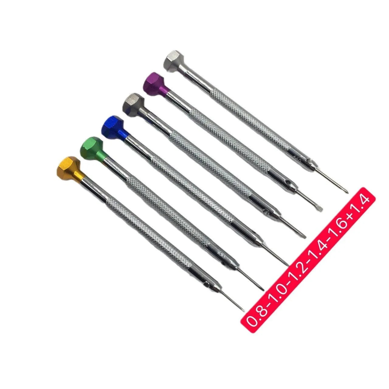 Six colour-coded aluminium suit screwdrivers for watch repair with copper handles and spring steel cutter heads
