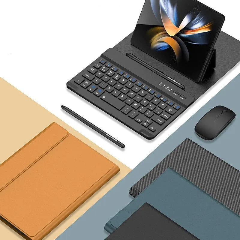 Wireless keyboard leather case for Samsung Fold with Bluetooth mouse and stylus holder anti-fall stand