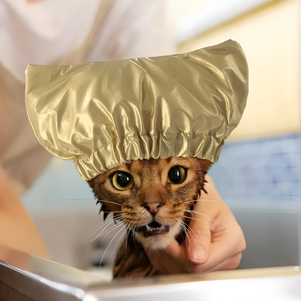 Adjustable shower cap for pets in silver colour showing ear protection design