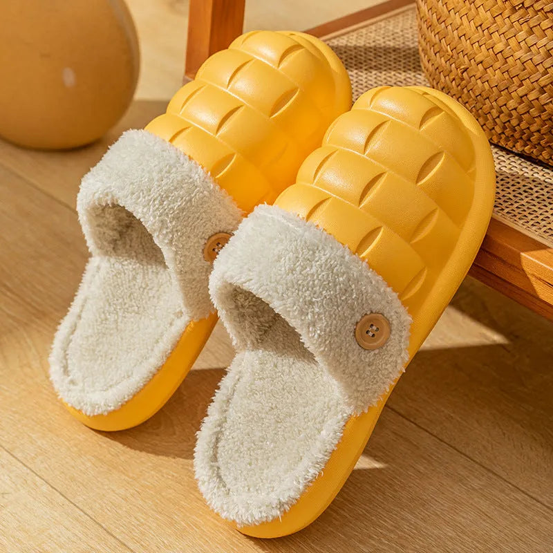Plaid detachable EVA slippers for women with a plush lining and nonslip sole in pink, green, yellow, or white.