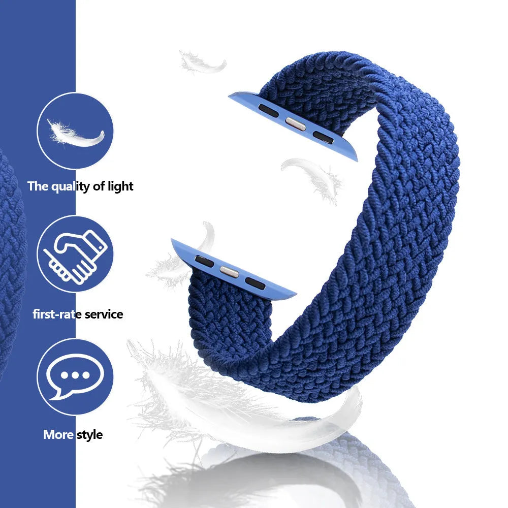 Nylon woven sports strap for Apple Watch in multiple colours, showing plastic head and one-piece design.