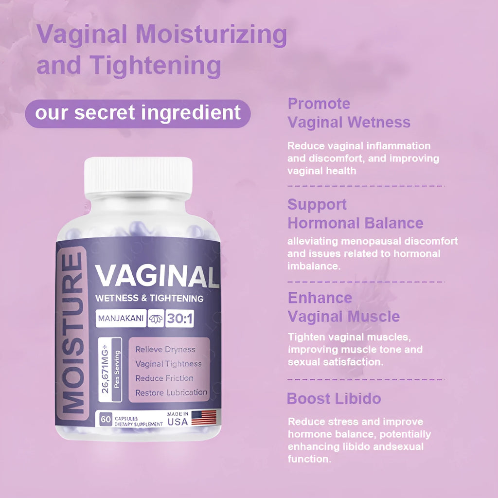 Bottle of 60 vaginal health capsules with natural plant extract formula