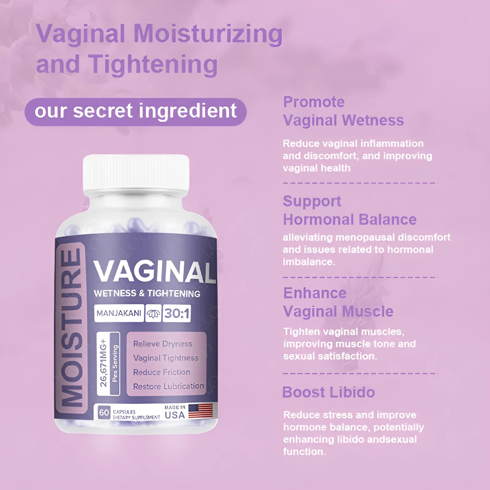 Bottle of 60 vaginal health capsules with natural plant extract formula