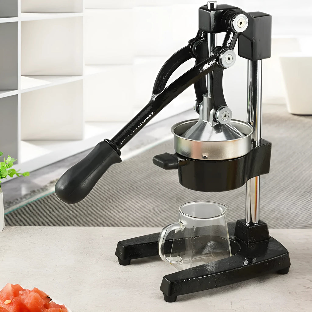 Cast iron manual citrus juicer with stainless steel strainer, 40cm height, in black colour