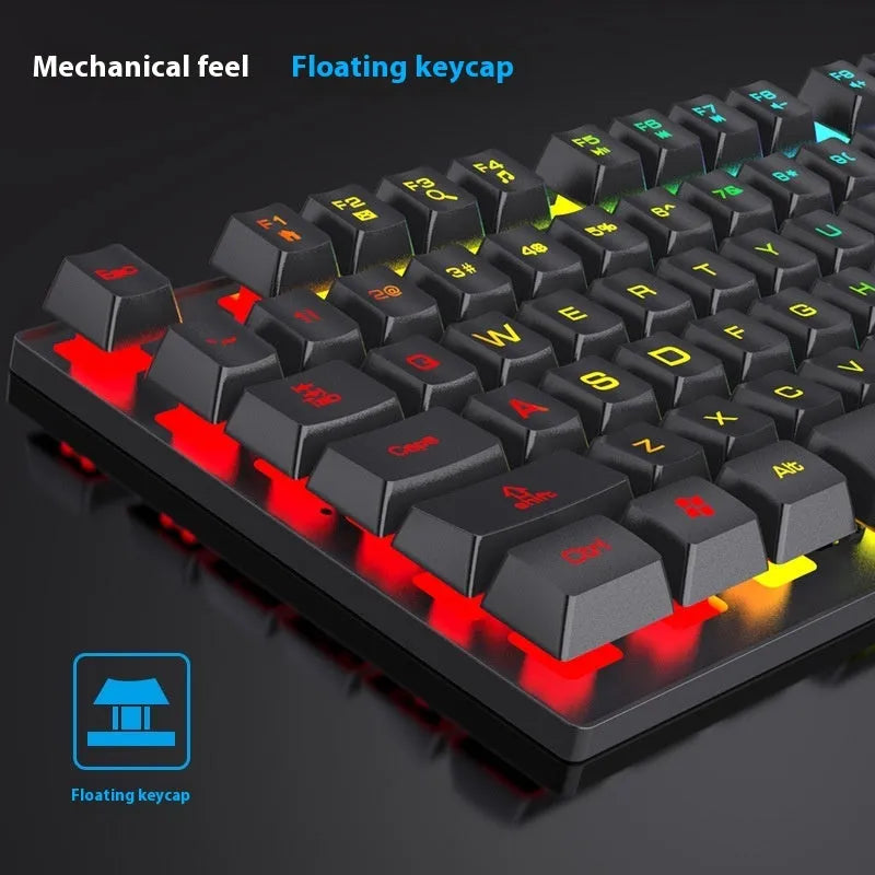Black ABS mechanical gaming keyboard with backlit keys beside matching USB mouse on desk
