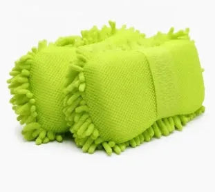 Silver green microfiber car wash sponge measuring 14 cm by 25 cm