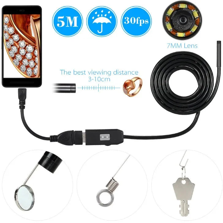 OWSOO USB endoscope camera with 5m cable, hook, magnet, and side mirror accessories for phone and PC inspection.