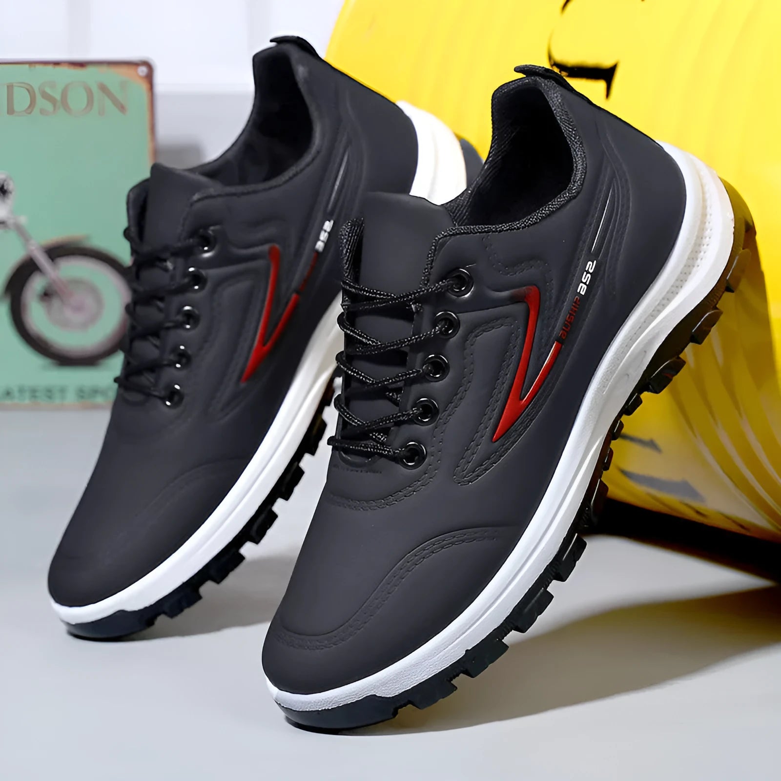 Student waterproof leisure soft bottom sports work shoes in black and gray, low-top lace-up design with artificial PU upper