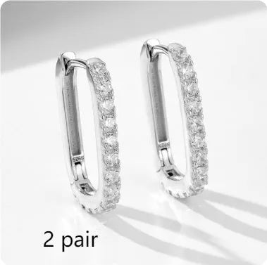 S925 sterling silver oval geometric earrings with zircon stones in ear clip design