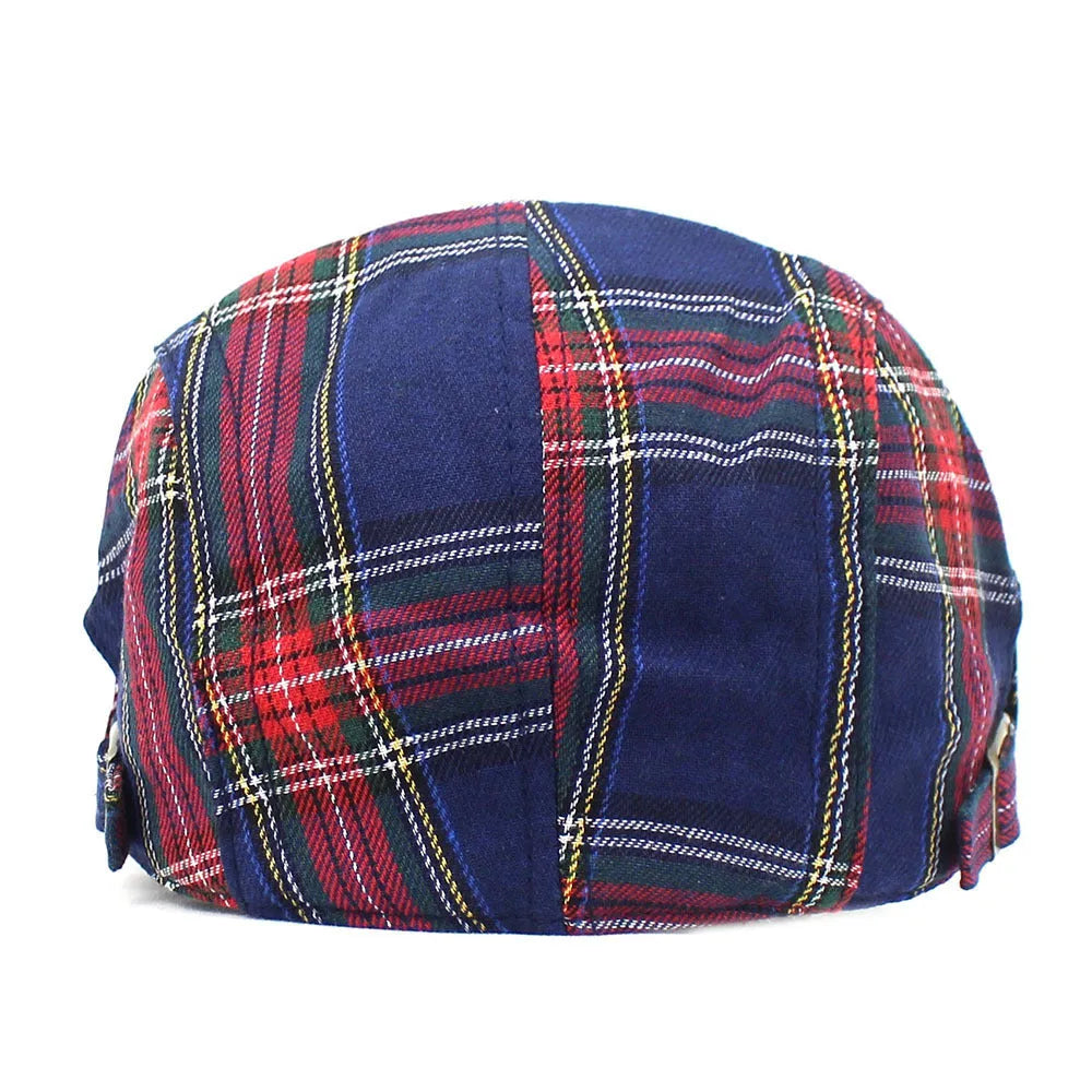 Retro plaid beret in red with curved brim and dome crown on adult head