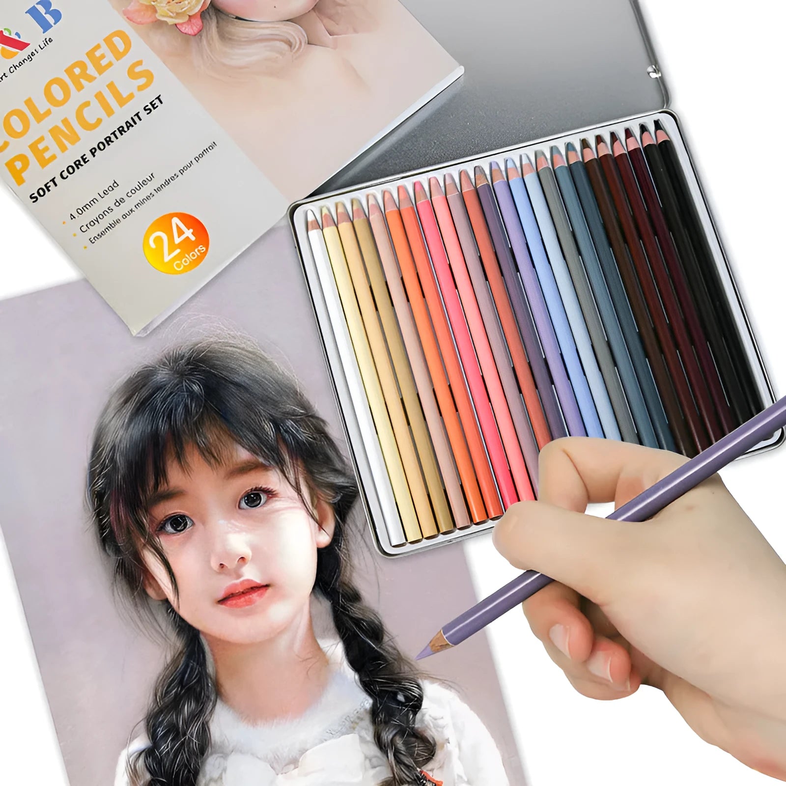 24 skin tone colour pencils in an iron tin case for portrait art projects