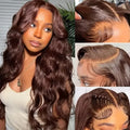 Dark brown long curly front lace wig with side fringe on display stand