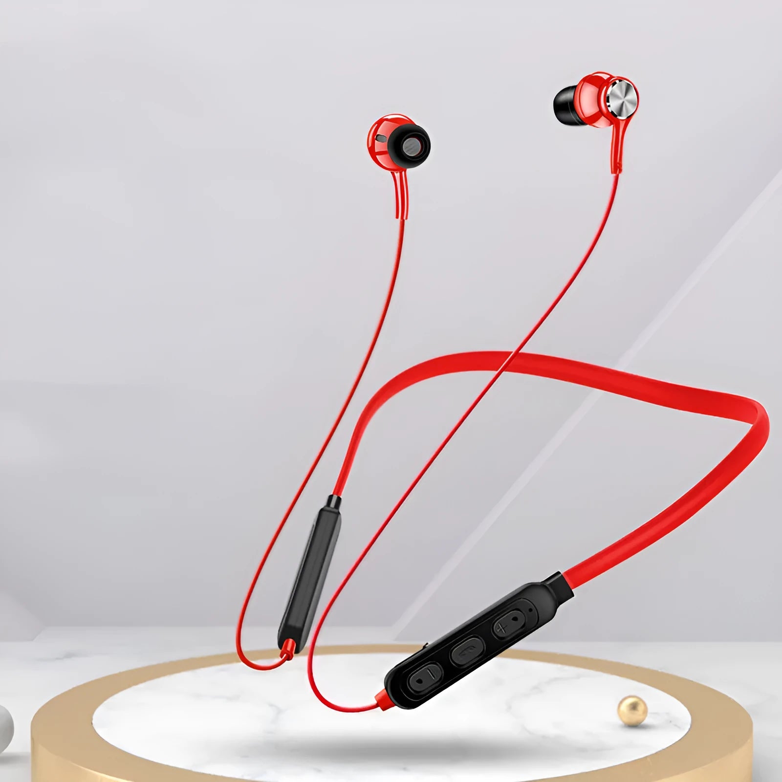 G03 sports Bluetooth earphones with neckband design in black, red, or white colours showing earpieces and control module