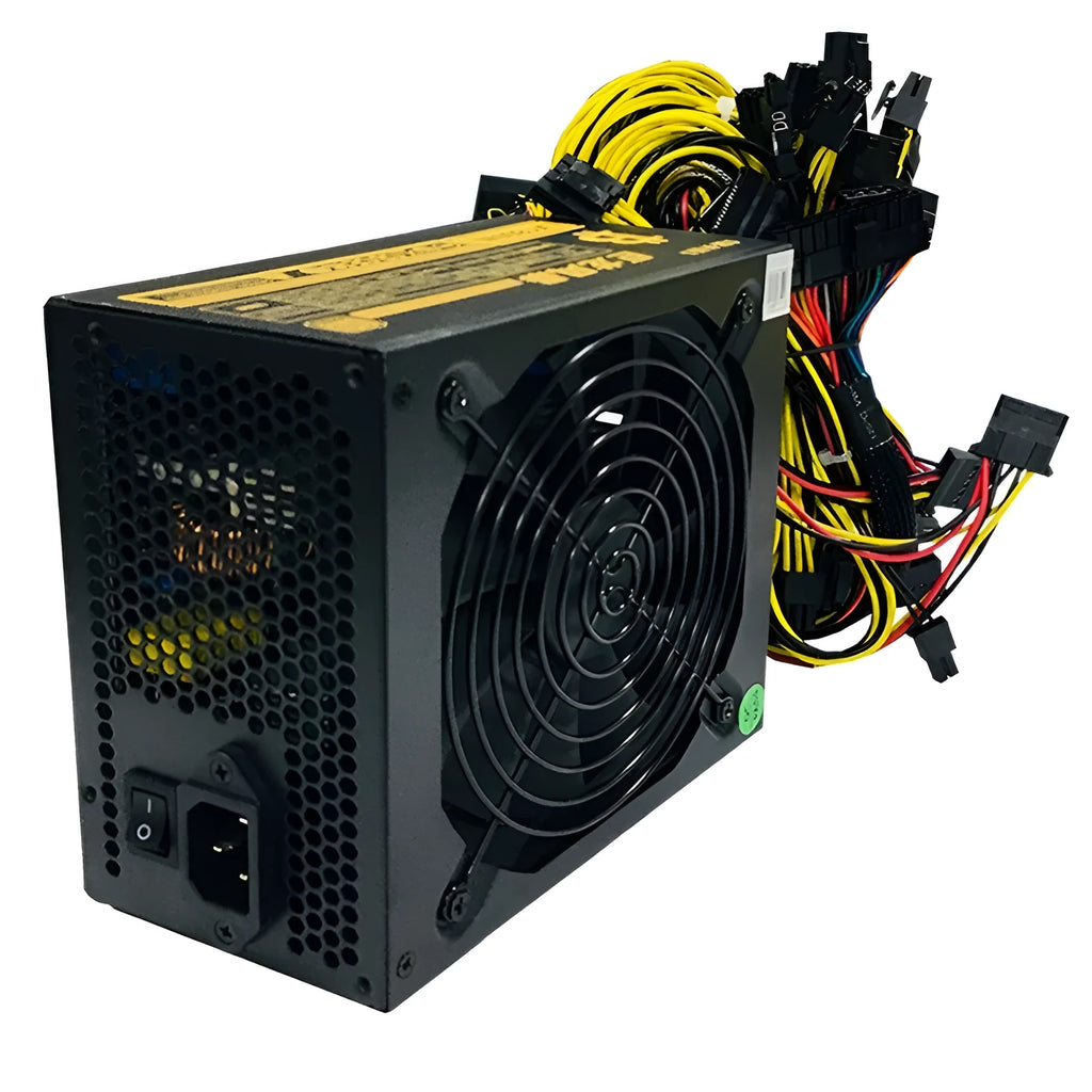 Black server power supply unit with multiple cable connectors and ventilation grille