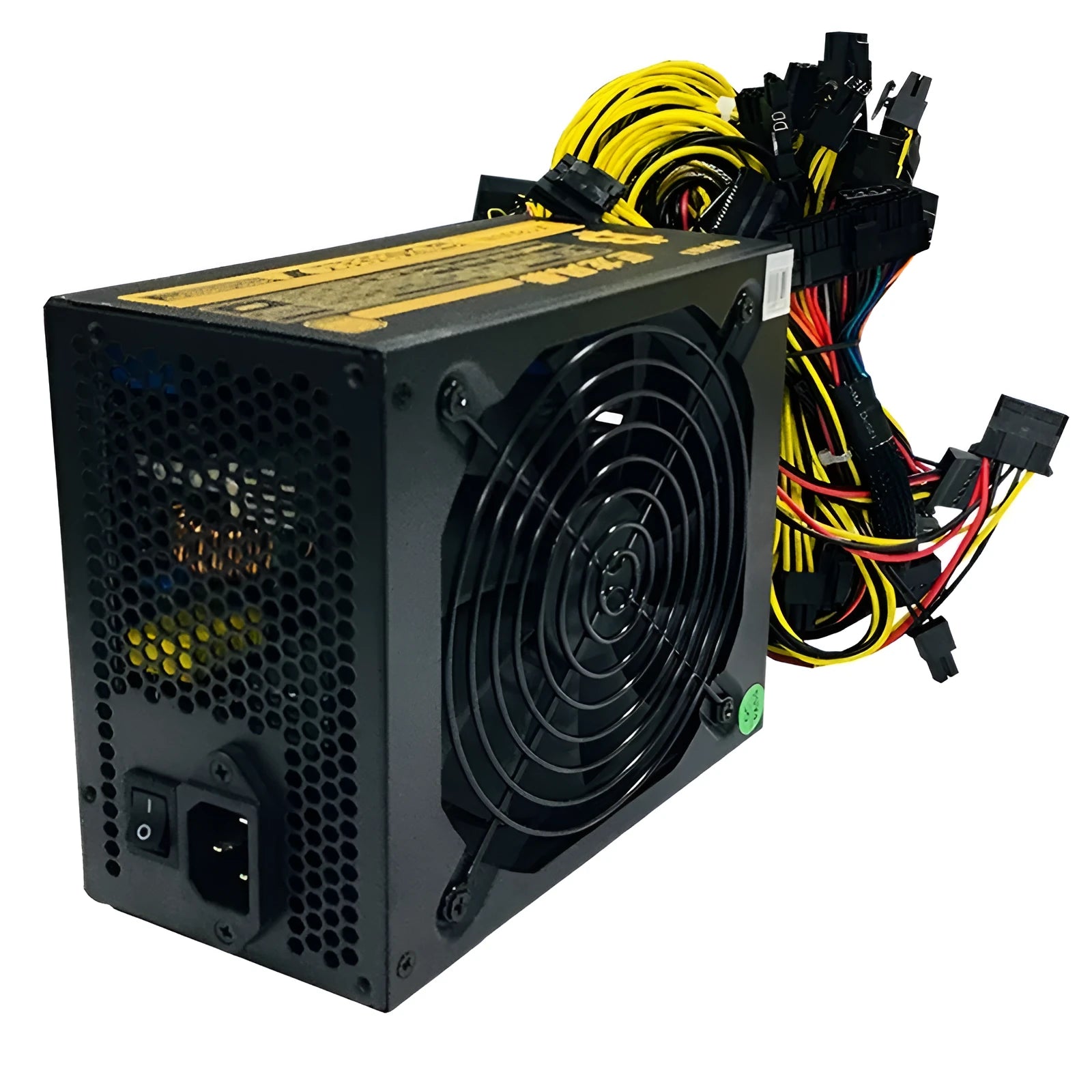 Black server power supply unit with multiple cable connectors and ventilation grille
