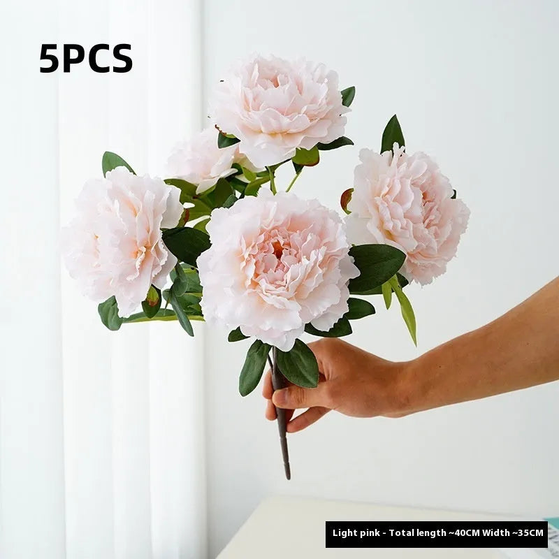 Artificial 5-head peony silk bouquet 40cm in light champagne colour for wedding decor