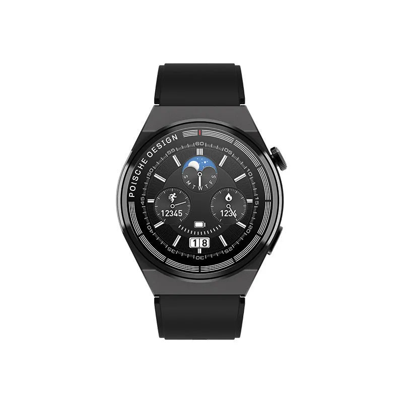 Black Bluetooth smartwatch with NFC payment, blood glucose monitor, and 1.39 inch circular tempered glass screen