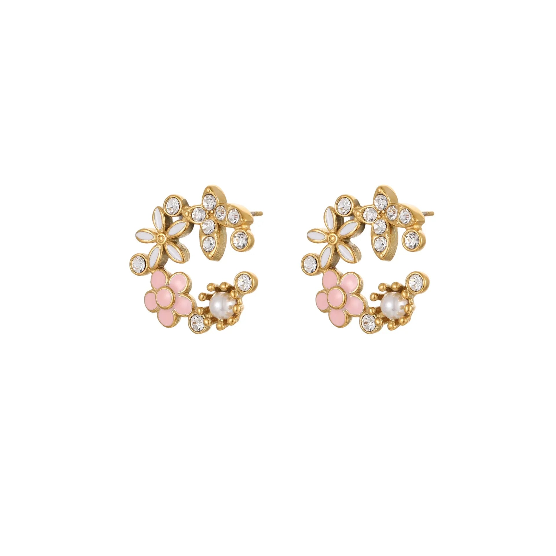 Gold plated flower stud earrings with colourful petal design on stainless steel