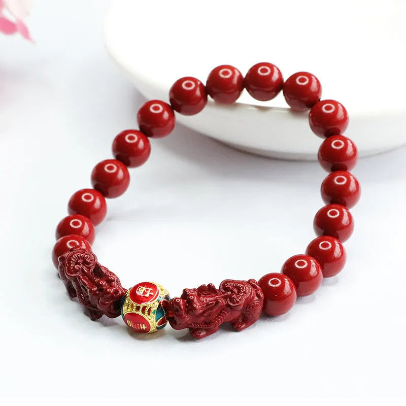 Cinnabar double pixiu women's bracelet with 8mm beads, purple gold sand finish, and leather cord