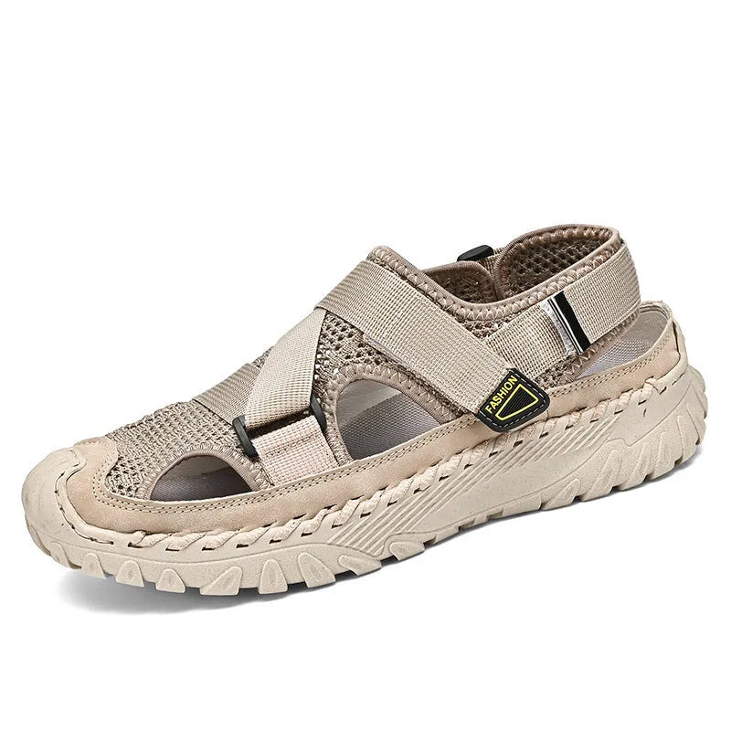 Men's summer casual sandals with hollow mesh surface, genuine leather upper, and elastic band in gray colour