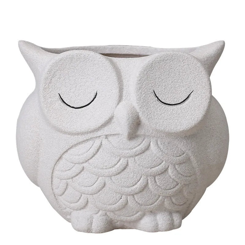 Handmade ceramic owl succulent pot in frosted finish with cartoon design